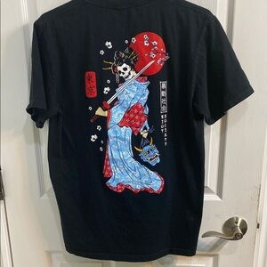 riot society Geisha Samurai Sword Blossoms Men’s Black Tee Shirt Size Medium